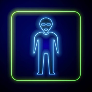 Parlayan neon uzaylı simgesi mavi arkaplanda izole edildi. Uzaylı yüzü ya da kafa sembolü. Vektör İllüstrasyonu