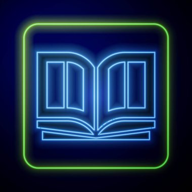Parlayan neon kutsal kitap ikonu mavi arka planda izole edilmiş. Vektör İllüstrasyonu