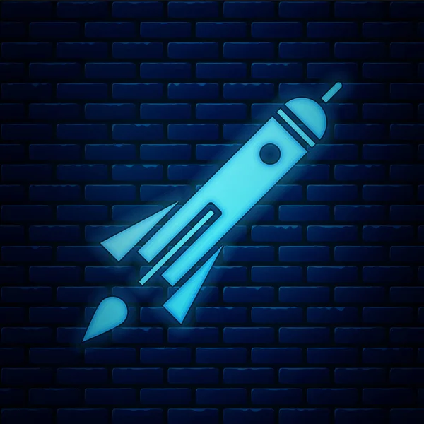 Glowing Neon Rocket Ship Fire Icon Isolated Brick Wall Background — Stock Vector