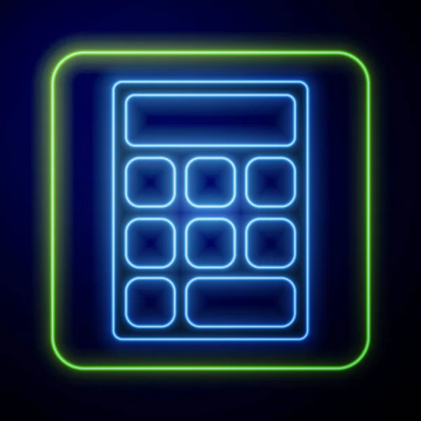 Icono Brillante Calculadora Neón Aislado Sobre Fondo Azul Símbolo Contable — Vector de stock