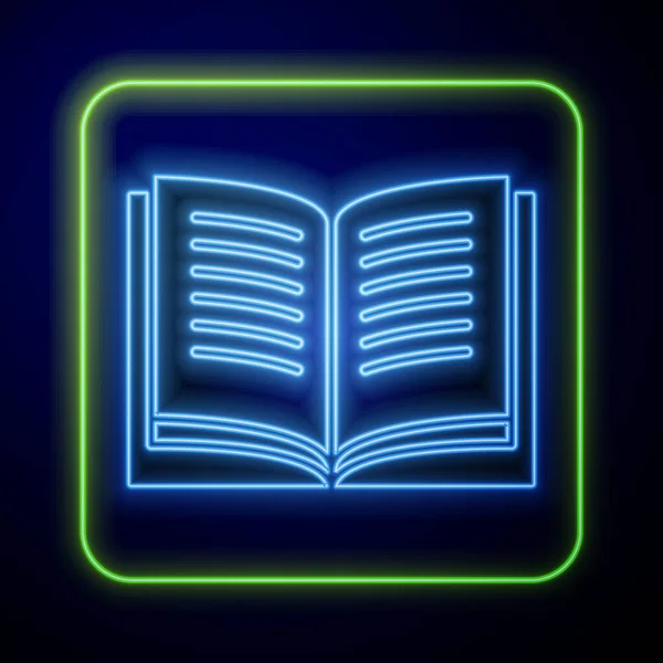 Parlayan neon açık kitap simgesi mavi arkaplanda izole edildi. Vektör İllüstrasyonu