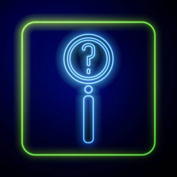 Zářící Neon Lupa Ikonou Vyhledávání Izolované Modrém Pozadí Detektiv Vyšetřuje — Stockový vektor