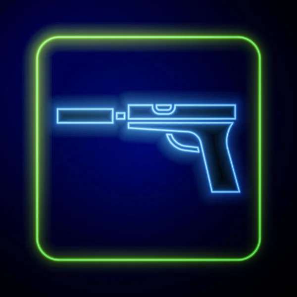 Glödande Neon Pistol Eller Pistol Med Ljuddämpare Ikon Isolerad Blå — Stock vektor