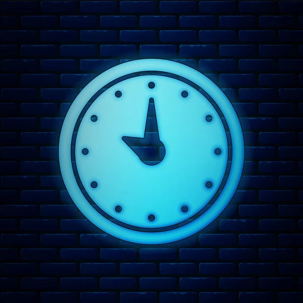 レンガの壁の背景に隔離されたネオン時計のアイコンを光る 時間の象徴だ ベクターイラスト — ストックベクタ