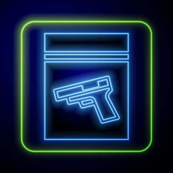 Saco Evidência Néon Brilhante Pistola Ícone Arma Isolado Fundo Azul — Vetor de Stock