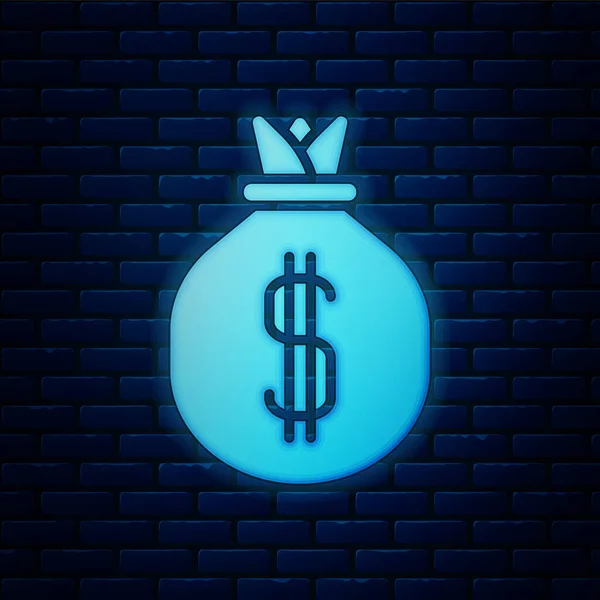 发光的霓虹灯钱袋图标孤立在砖墙背景 美元或美元符号 现金银行货币标志 矢量插图 — 图库矢量图片