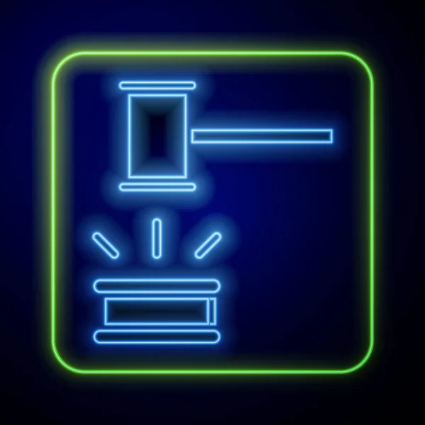 Gloeiende Neon Rechter Hamer Pictogram Geïsoleerd Blauwe Achtergrond Gegroet Voor — Stockvector