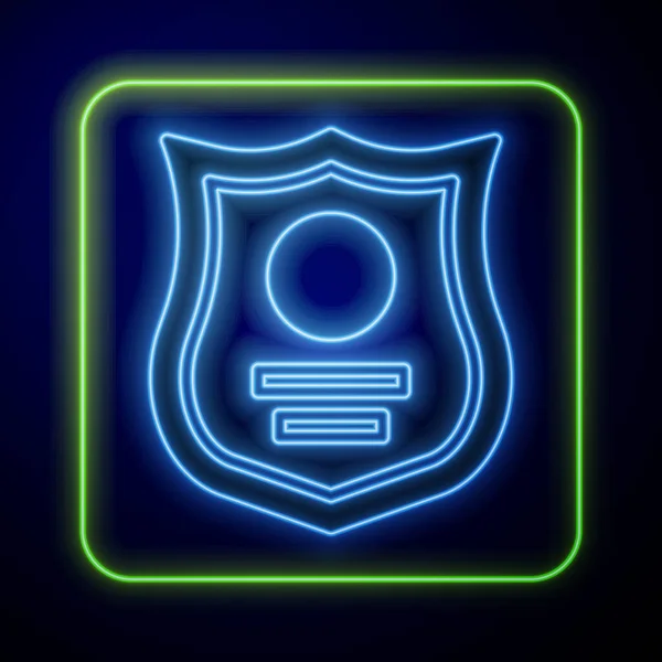 Icono Insignia Policía Neón Brillante Aislado Sobre Fondo Azul Insignia — Vector de stock