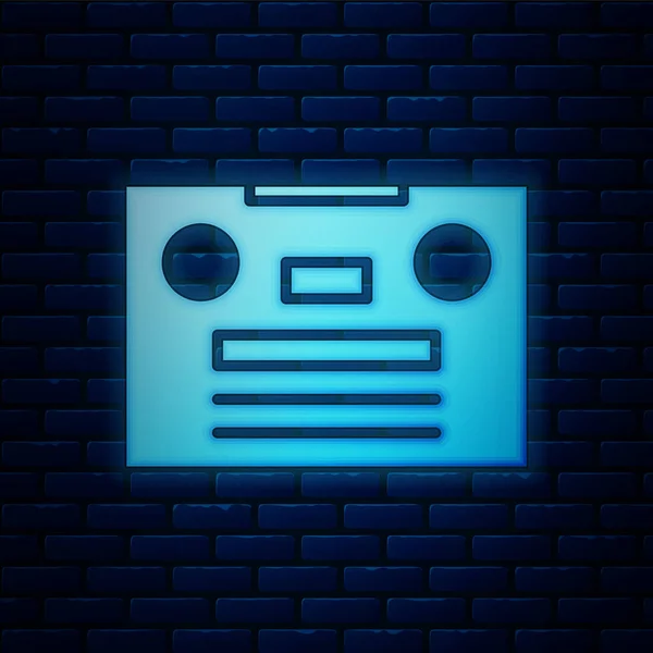 Zářící Neon Retro Audio Kazeta Ikona Izolované Cihlové Zdi Pozadí — Stockový vektor