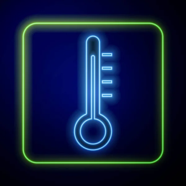 发光霓虹灯气象学温度计测量图标隔离在蓝色背景 显示炎热或寒冷天气的温度计设备 病媒图解 — 图库矢量图片
