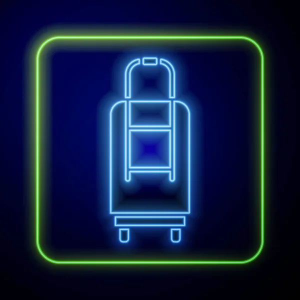Gloeiende Neon Koffer Voor Reizen Pictogram Geïsoleerd Blauwe Achtergrond Reisbagagebord — Stockvector