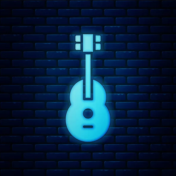 Icono Guitarra Neón Brillante Aislado Fondo Pared Ladrillo Guitarra Acústica — Vector de stock