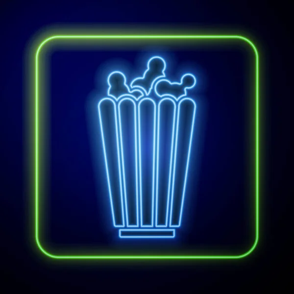 Leuchtendes Neon Popcorn Pappkartonsymbol Isoliert Auf Blauem Hintergrund Popcorn Eimerbox — Stockvektor