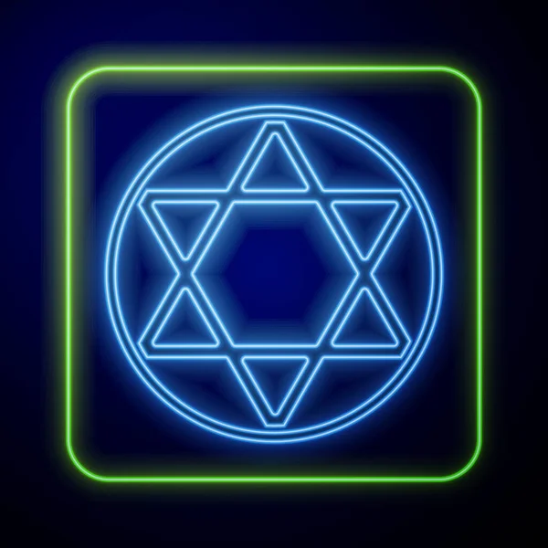在蓝色背景上孤立的明亮的大卫霓虹灯图标 犹太教的象征 以色列的象征 病媒图解 — 图库矢量图片