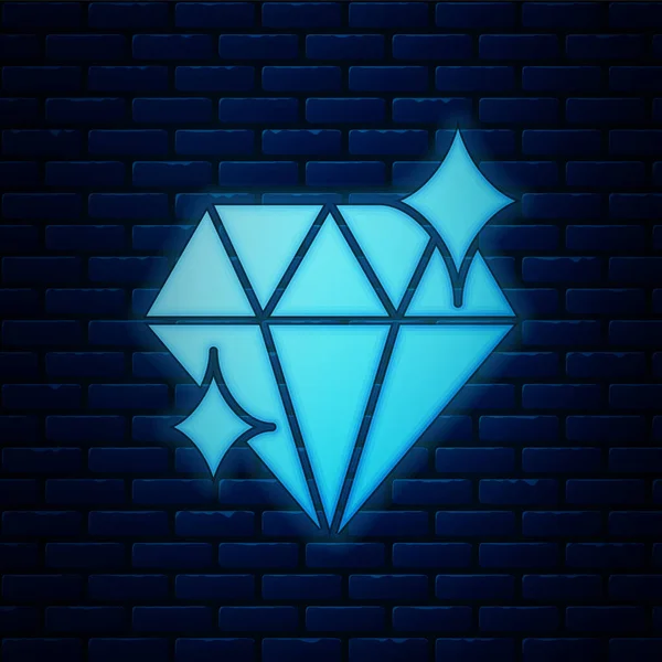 Glowing Neon Diamond Icon Isolated Brick Wall Background Jewelry Symbol — Stock Vector