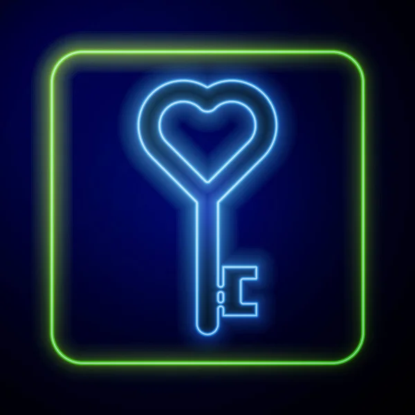 Llave Neón Brillante Forma Corazón Icono Aislado Sobre Fondo Azul — Vector de stock