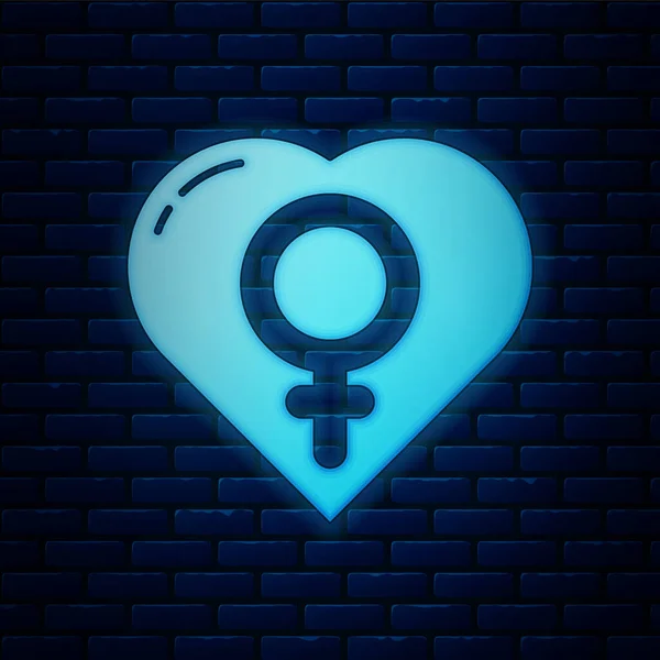 Glowing Neon Female Gender Heart Icon Isolated Brick Wall Background — Stock Vector