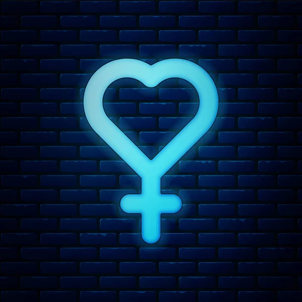Glowing Neon Female Gender Symbol Icon Isolated Brick Wall Background — Stock Vector