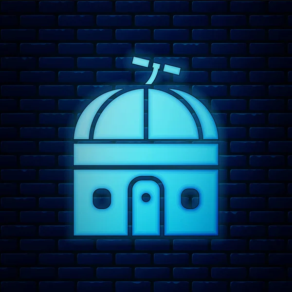 Светящаяся Неоновая Икона Астрономической Обсерватории Выделена Фоне Кирпичной Стены Обсерватория — стоковый вектор