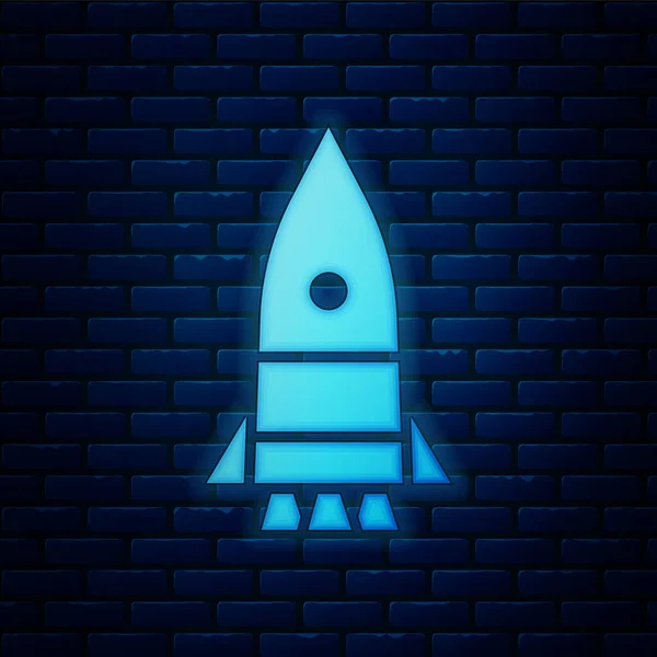 Gloeiende Neon Rocket Schip Pictogram Geïsoleerd Baksteen Muur Achtergrond Ruimtevaart — Stockvector