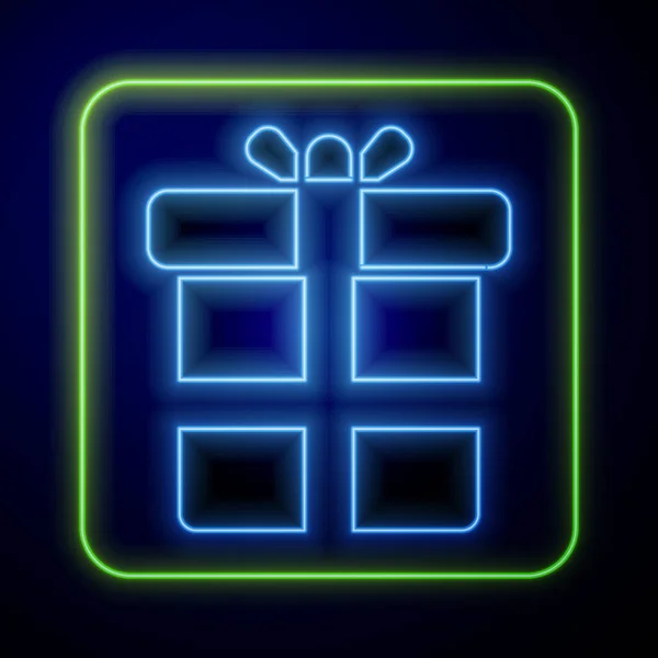 Icona Luminosa Neon Gift Box Isolata Sfondo Blu Illustrazione Vettoriale — Vettoriale Stock