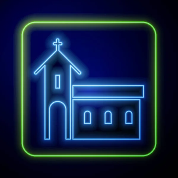 Gloeiende Neon Kerk Gebouw Icoon Geïsoleerd Blauwe Achtergrond Christelijke Kerk — Stockvector