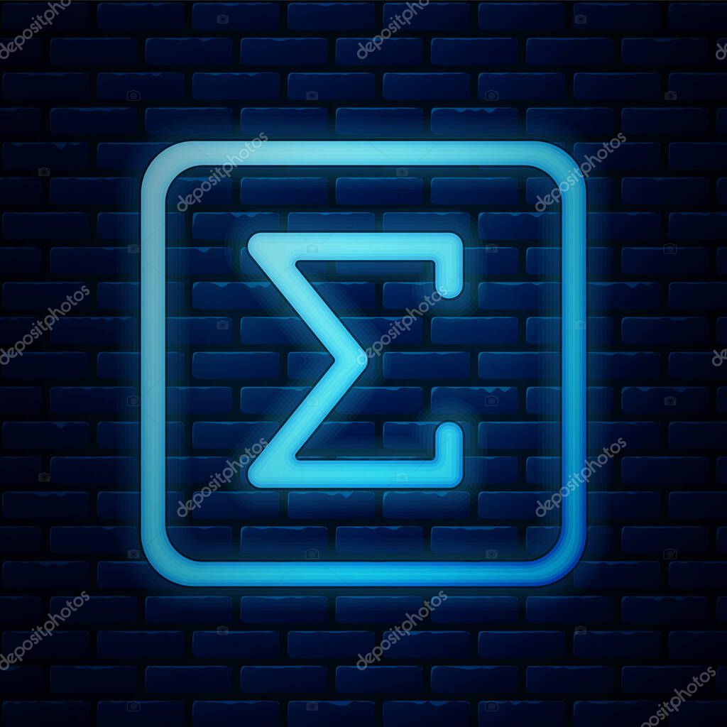 Glowing neon Sigma symbol icon isolated on brick wall background.  Vector Illustration