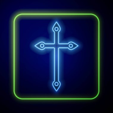 Parlayan neon renkli Hristiyan haç simgesi mavi arka planda izole edildi. Kilise haçı. Vektör İllüstrasyonu