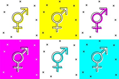 Renk arkaplanında cinsiyet simgesini izole et. Erkek ve kadın sembolleri. Seks sembolü. Vektör İllüstrasyonu