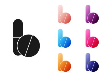 Siyah İlaç hapı ya da beyaz arka planda izole edilmiş tablet ikonu. Corona virüsü 2019-nCoV. Kapsül hapı ve uyuşturucu işareti. Eczane tasarımı. Simgeleri renklendirin. Vektör İllüstrasyonu