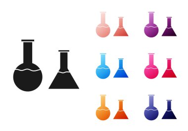 Beyaz arkaplanda siyah test tüpü ve matara simgesi var. Kimyasal laboratuvar testi. Laboratuvar camları. Simgeleri renklendirin. Vektör İllüstrasyonu