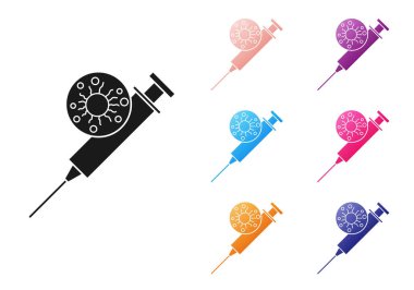 Beyaz arka planda siyah şırınga ve virüs ikonu var. Aşı için şırınga, aşı, iğne, grip aşısı. Tıbbi ekipman. Simgeleri renklendirin. Vektör İllüstrasyonu