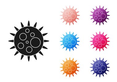 Beyaz arkaplanda siyah virüs simgesi izole edildi. Corona virüsü 2019-nCoV. Bakteri ve mikroplar, hücre kanseri, mikrop, mantar. Simgeleri renklendirin. Vektör İllüstrasyonu