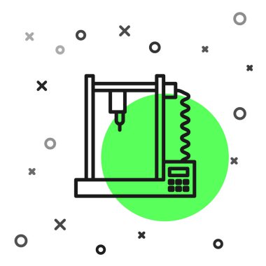 Siyah çizgi 3D yazıcı simgesi beyaz arkaplanda izole edildi. Vektör İllüstrasyonu