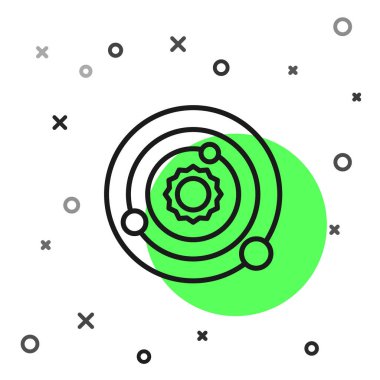 Siyah çizgi güneş sistemi simgesi beyaz arkaplanda izole edildi. Gezegenler yıldızın etrafında dönerler. Vektör İllüstrasyonu