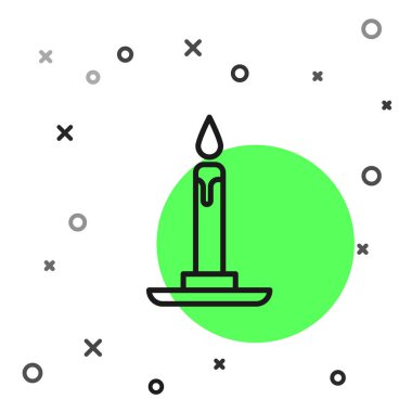 Beyaz arkaplanda izole edilmiş, şamdan simgesinde yanan siyah çizgi. Silindirik mum çubuğu ve yanan ateş. Vektör İllüstrasyonu