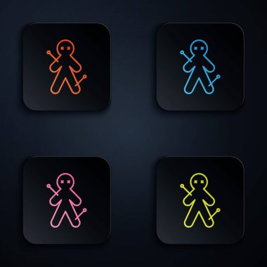 Siyah arkaplanda izole edilmiş renkli neon çizgi Voodoo bebek ikonu. Kare düğmelere simgeleri yerleştir. Vektör İllüstrasyonu