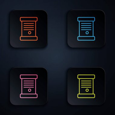 Renk neon çizgisi Dekree, kağıt, parşömen, kaydırma simgesi siyah arkaplan üzerinde izole. Kare düğmelere simgeleri yerleştir. Vektör İllüstrasyonu