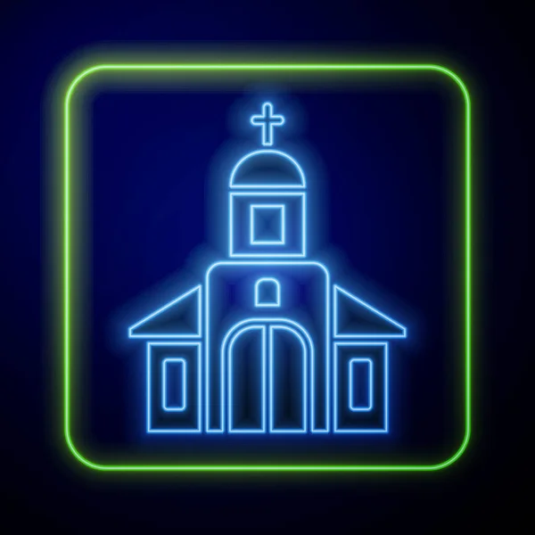Leuchtende Neonfarbene Kirchenbau Ikone Isoliert Auf Blauem Hintergrund Christliche Kirche — Stockvektor