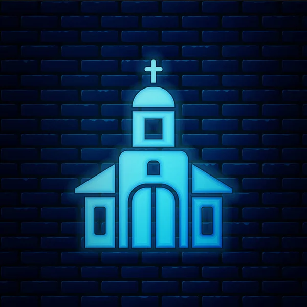 Ícone Construção Igreja Neon Brilhante Isolado Fundo Parede Tijolo Igreja — Vetor de Stock