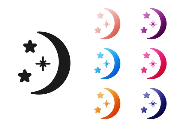 白い背景に黒い月と星のアイコンが孤立しています カラフルなアイコンを設定します ベクターイラスト — ストックベクタ