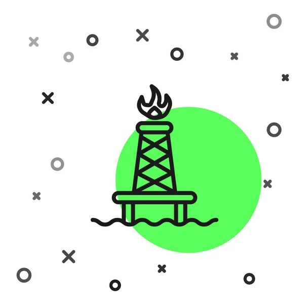 Línea Negra Plataforma Petrolífera Con Icono Fuego Aislado Sobre Fondo — Archivo Imágenes Vectoriales