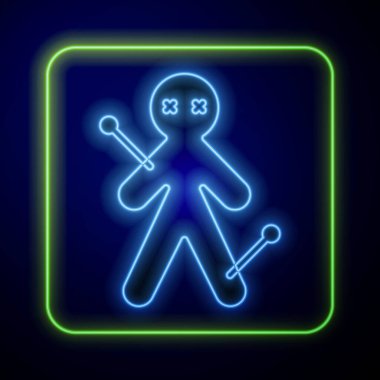 Mavi arka planda parlayan neon voodoo bebek ikonu izole edildi. Vektör İllüstrasyonu