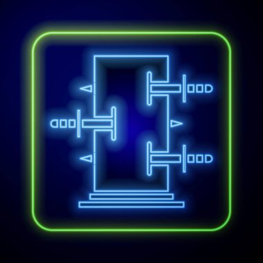 Parlayan neon sihirli kutu, mavi arka planda izole edilmiş sihirli numaralar simgesi için gövde. Bıçaklarla göster, kılıçlarla kutuyu delip geç. Vektör İllüstrasyonu