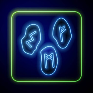 Parlayan neon büyü simgeleri mavi arkaplanda izole edildi. Vektör İllüstrasyonu