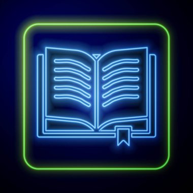 Üzerinde simya tarifleri, mistik büyüler ve mavi arka planda izole edilmiş büyülü ikonlar olan parıldayan neon kadim büyü kitabı. Vektör İllüstrasyonu