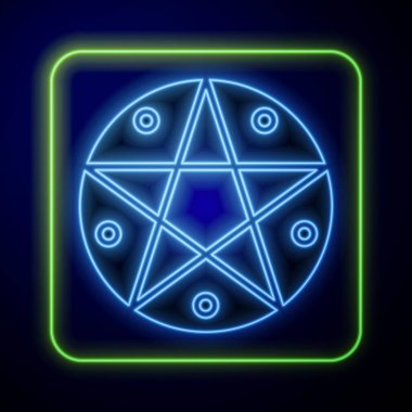 Mavi arkaplanda izole edilmiş bir daire simgesinde parlayan neon pentagram. Sihirli okült yıldız sembolü. Vektör İllüstrasyonu