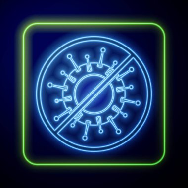 Parlayan neon durdurma virüsü ikonu mavi arkaplanda izole edildi. Corona virüsü 2019-nCoV. Bakteri ve mikroplar, hücre kanseri, mikrop, mantar. Vektör İllüstrasyonu