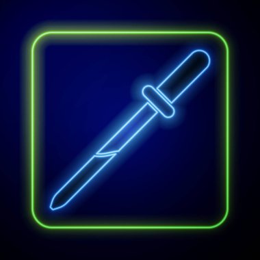 Parlayan neon Pipette simgesi mavi arkaplanda izole edildi. Tıbbi elementler, kimya laboratuarı ekipmanları. Tıp sembolü. Vektör İllüstrasyonu