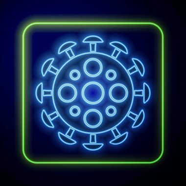Parlayan neon virüs simgesi mavi arkaplanda izole edildi. Corona virüsü 2019-nCoV. Bakteri ve mikroplar, hücre kanseri, mikrop, mantar. Vektör İllüstrasyonu